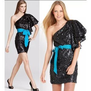 Mark & James by Badgley Mischka Sequin Size Small Flutter One Shoulder Dress Bla